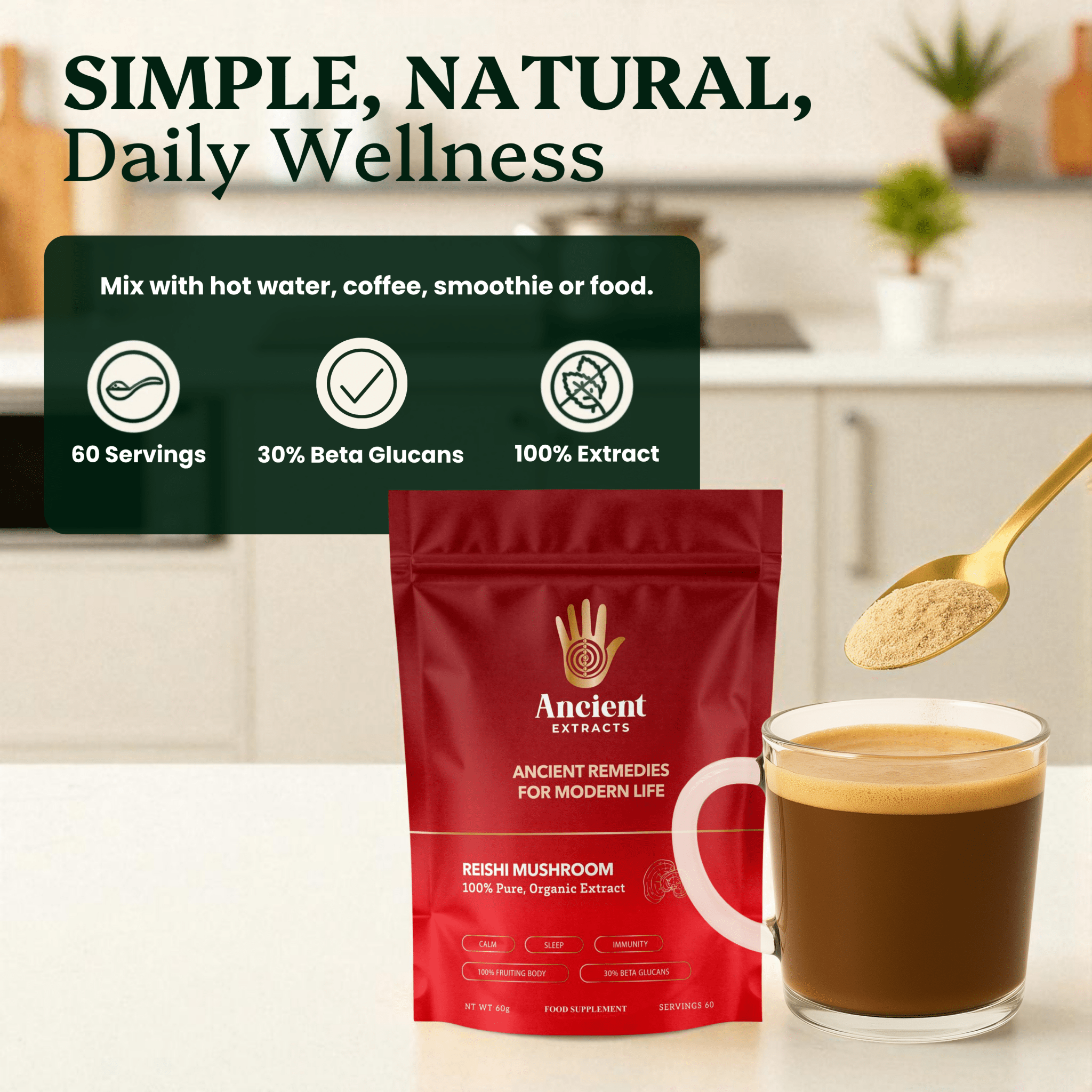 Reishi Mushroom Extract Powder - 30% Beta - glucan (60g) - Mushroom Extract - Ancient Extracts