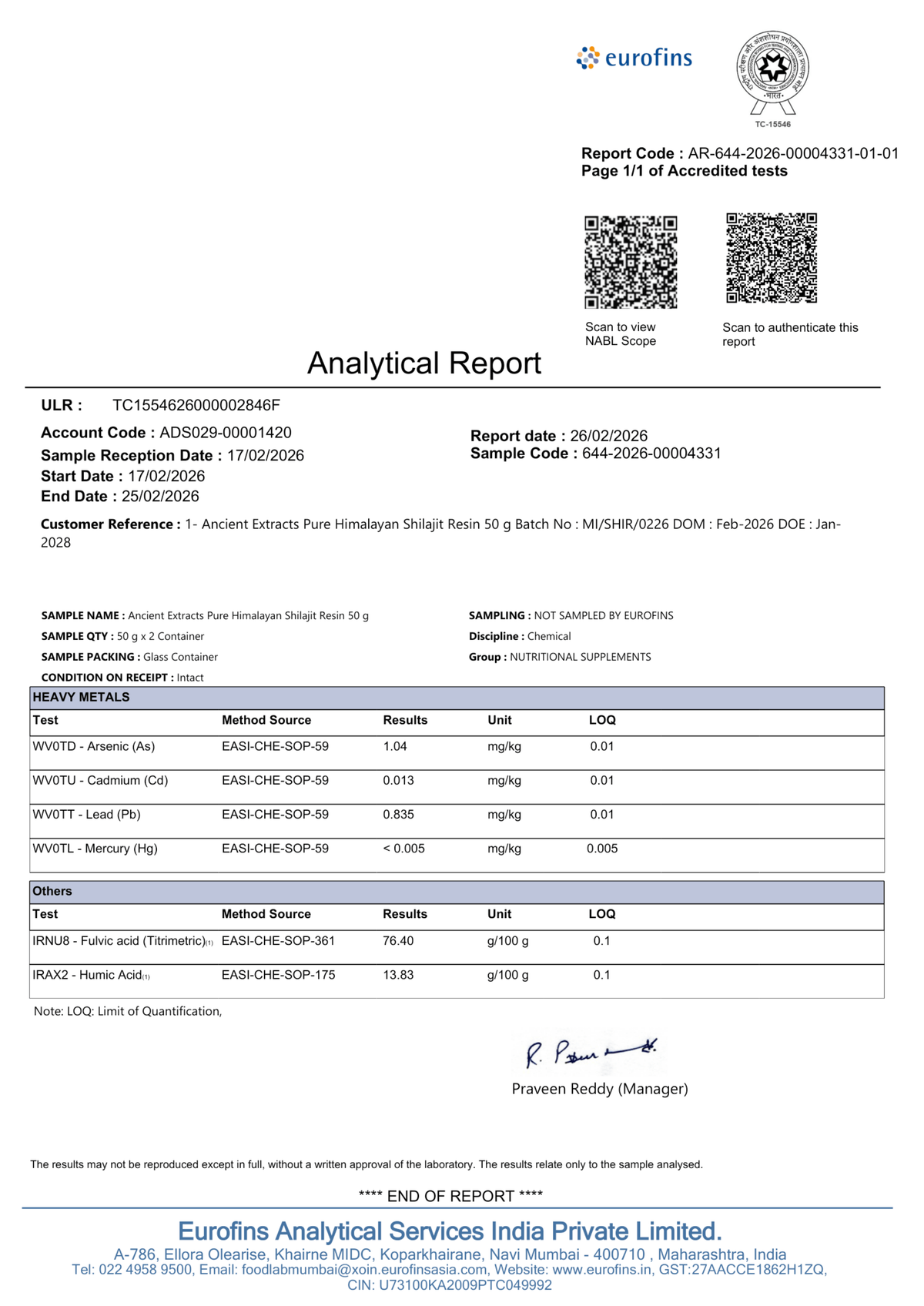 Offical Eurofins Report