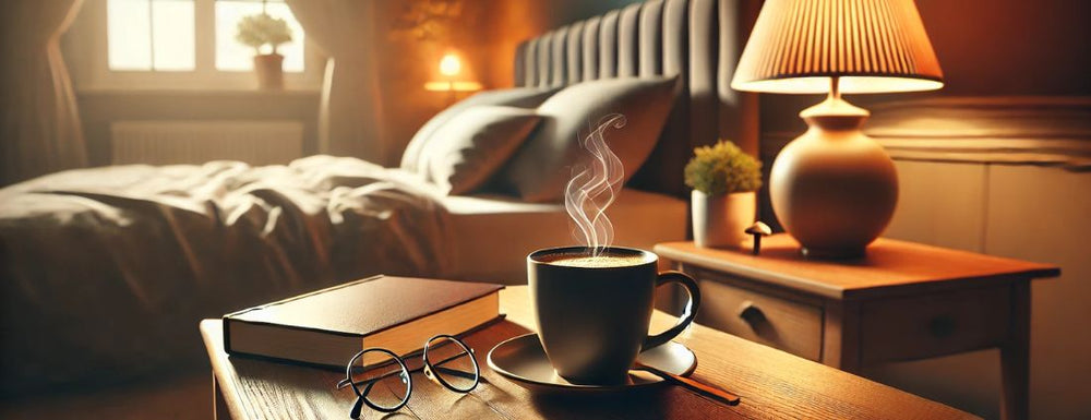 mushroom coffee for better sleep with the picture of bedroom and book
