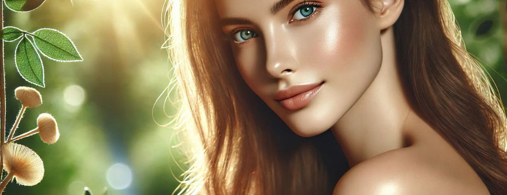 a picture of a woman's face glowing with the help of tremella mushroom