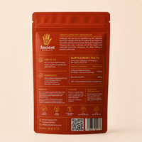 The back of an orange Ancient Extracts Cordyceps Mushroom Supplement pouch, showing product details, usage instructions, ingredients, storage, and a barcode on a light beige background.