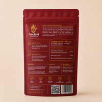 The back of a dark red Ancient Extracts resealable stand-up pouch for shiitake mushrooms, showing supplement facts, ingredients, usage, and a barcode on a warm beige background.