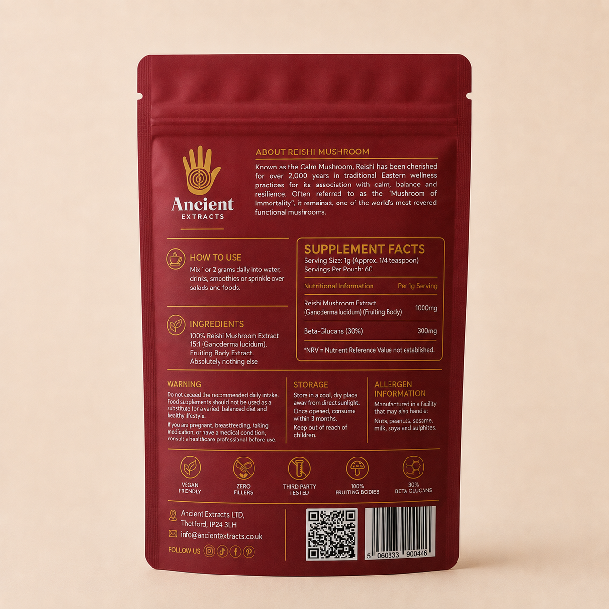 The back of a dark red Ancient Extracts resealable stand-up pouch for shiitake mushrooms, showing supplement facts, ingredients, usage, and a barcode on a warm beige background.
