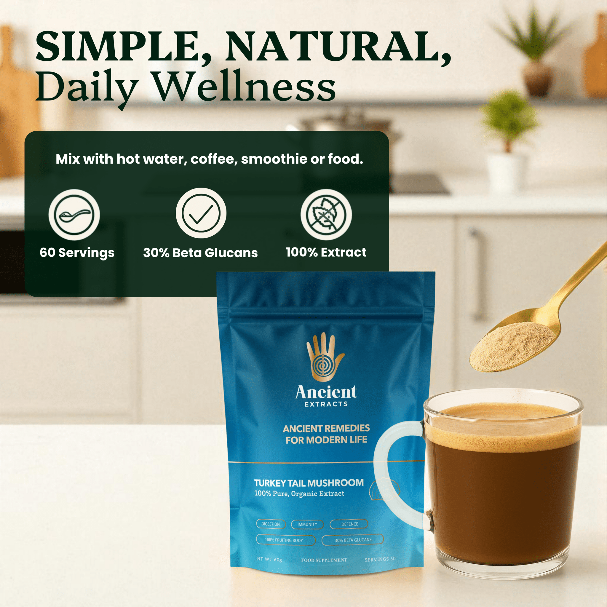 Turkey Tail Mushroom Extract Powder - 30% Beta - glucan (60g) - Mushroom Extract - Ancient Extracts