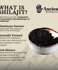 Bowl of Shilajit powder with wooden spoon, next to informational text explaining its Himalayan origins, natural formation, and Ayurvedic history – Ancient Extracts