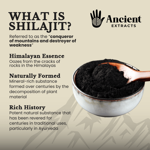Bowl of Shilajit powder with wooden spoon, next to informational text explaining its Himalayan origins, natural formation, and Ayurvedic history – Ancient Extracts