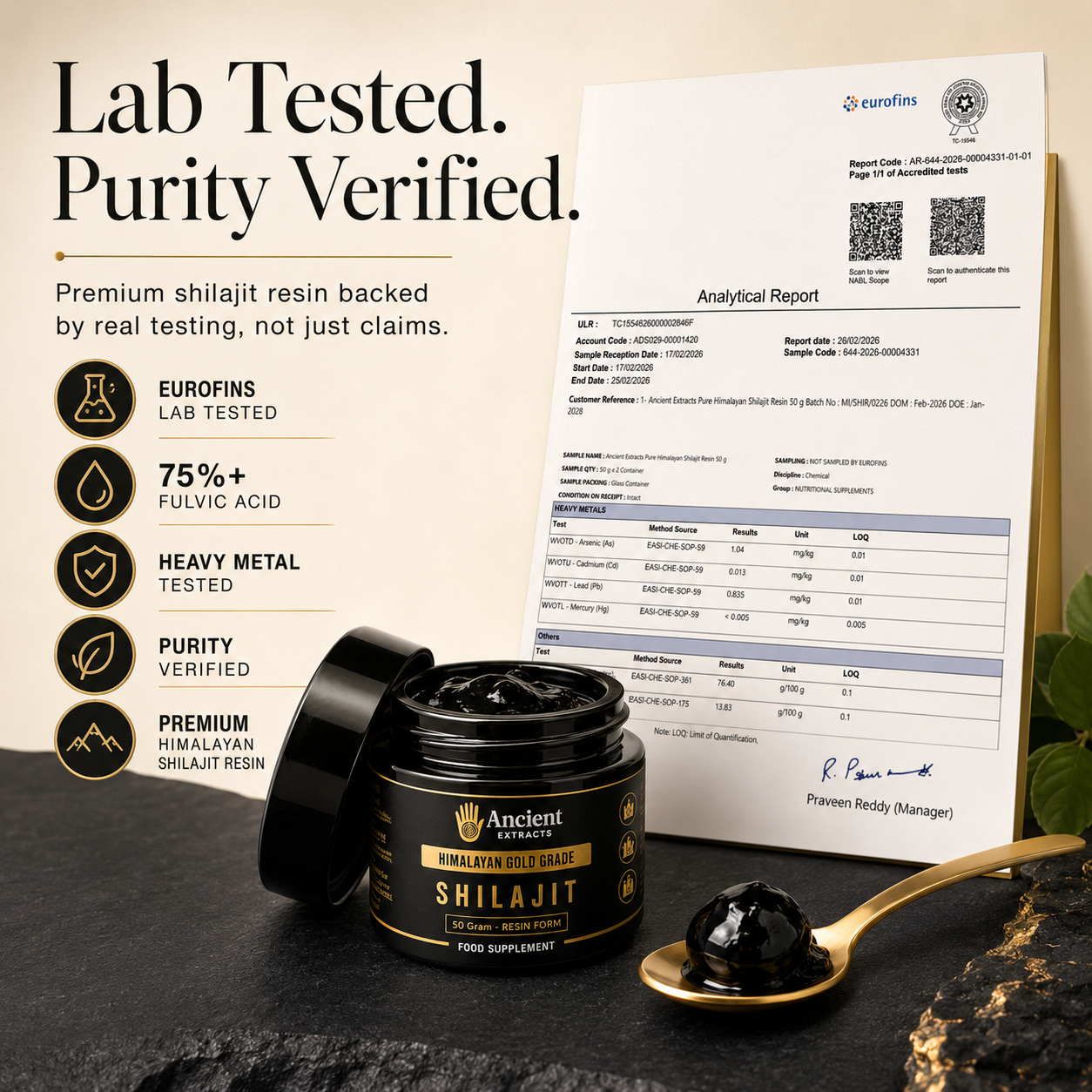 A jar of Ancient Earths Himalayan Gold Shade Shilajit food supplement shown with an open lid, a spoonful of dark resin, and a standing analytical report on a dark textured surface. Large marketing text on the left reads 'Lab Tested.