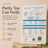 A tremella certificate of analysis for Beta Glucan from the brand ADACT, displayed on a light beige textured surface next to a white and blue paper document. The image includes marketing text overlays on the left side detailing product benefits like 'Purity You Can Verify' and '100% Fruiting Body Mushrooms'.