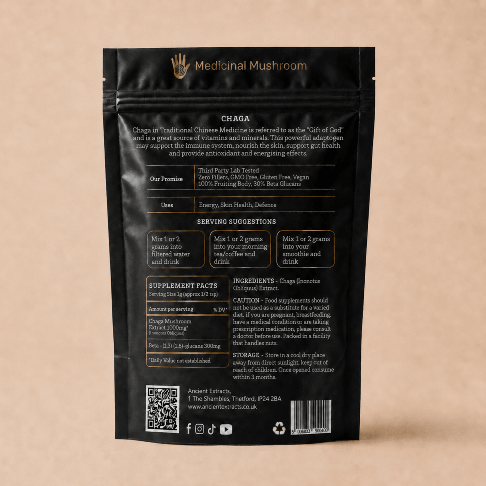 Back of Ancient Extracts Chaga Mushroom Extract Powder pouch