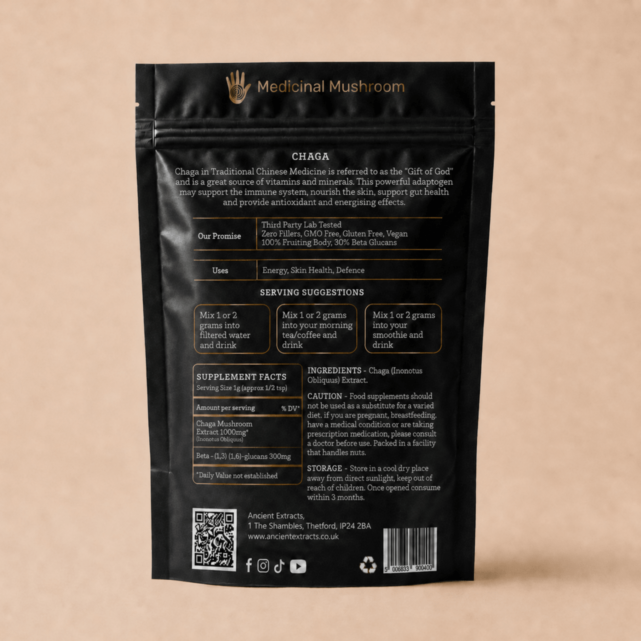 Back of Ancient Extracts Chaga Mushroom Extract Powder pouch