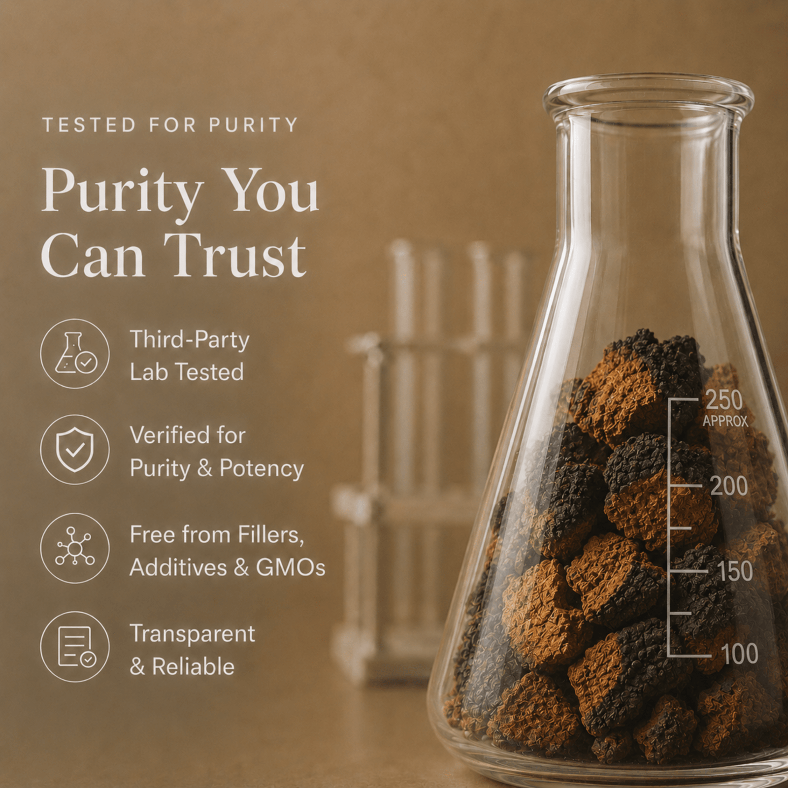 Chaga mushroom extract powder tested for purity information graphic
