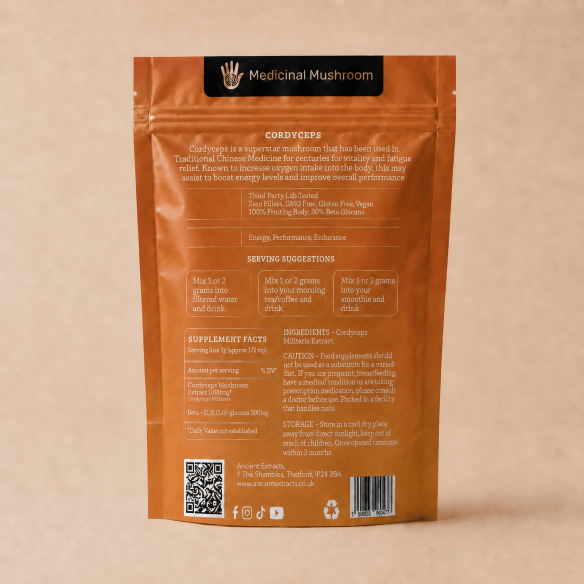 Cordyceps Mushroom Extract Powder Packaging and Directions