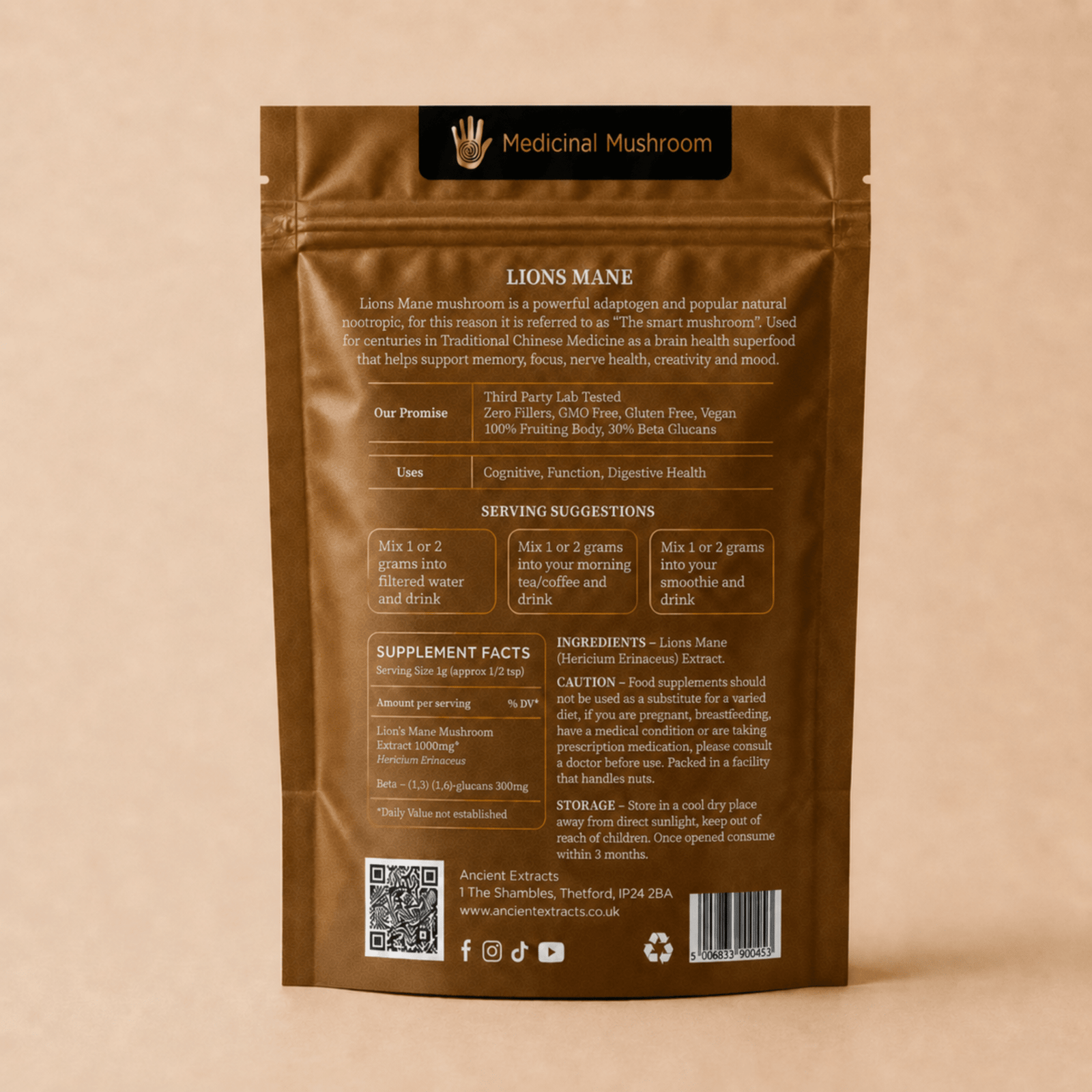 Lion's Mane Mushroom Extract Powder Packaging and Directions
