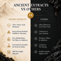 Pure Shilajit Resin quality comparison showing 75% fulvic acid, Kashmir sourcing, no fillers and independent lab testing