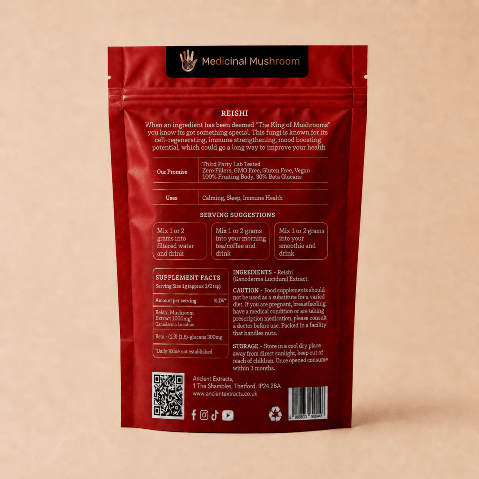 Reishi Mushroom Extract Powder Packaging and Directions
