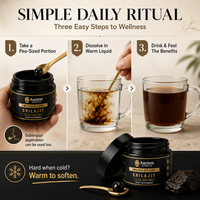 Promotional graphic for Ancient Extracts Shilajit resin showing a three-step daily ritual: taking a pea-sized portion with a gold spoon, dissolving it in warm liquid in a glass, and drinking the dark brown liquid. The main product container is black with gold lettering, and a loose piece of the dark shilajit rock is shown at the bottom.