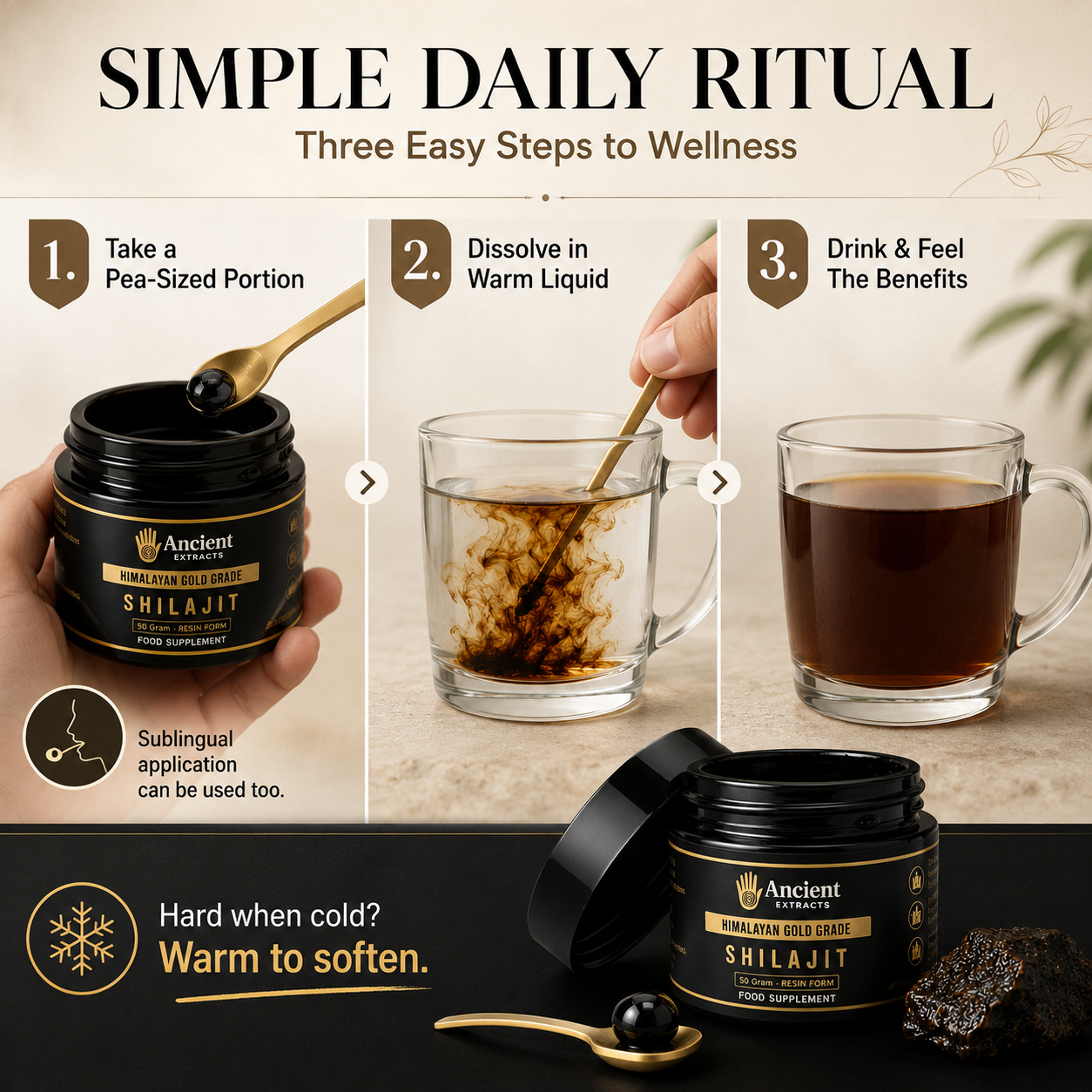 Promotional graphic for Ancient Extracts Shilajit resin showing a three-step daily ritual: taking a pea-sized portion with a gold spoon, dissolving it in warm liquid in a glass, and drinking the dark brown liquid. The main product container is black with gold lettering, and a loose piece of the dark shilajit rock is shown at the bottom.
