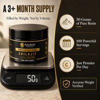 A black jar of Ancient Extracts Shilajit on a digital scale, with promotional text on the left and feature callouts on the right, set against a dark brown background.