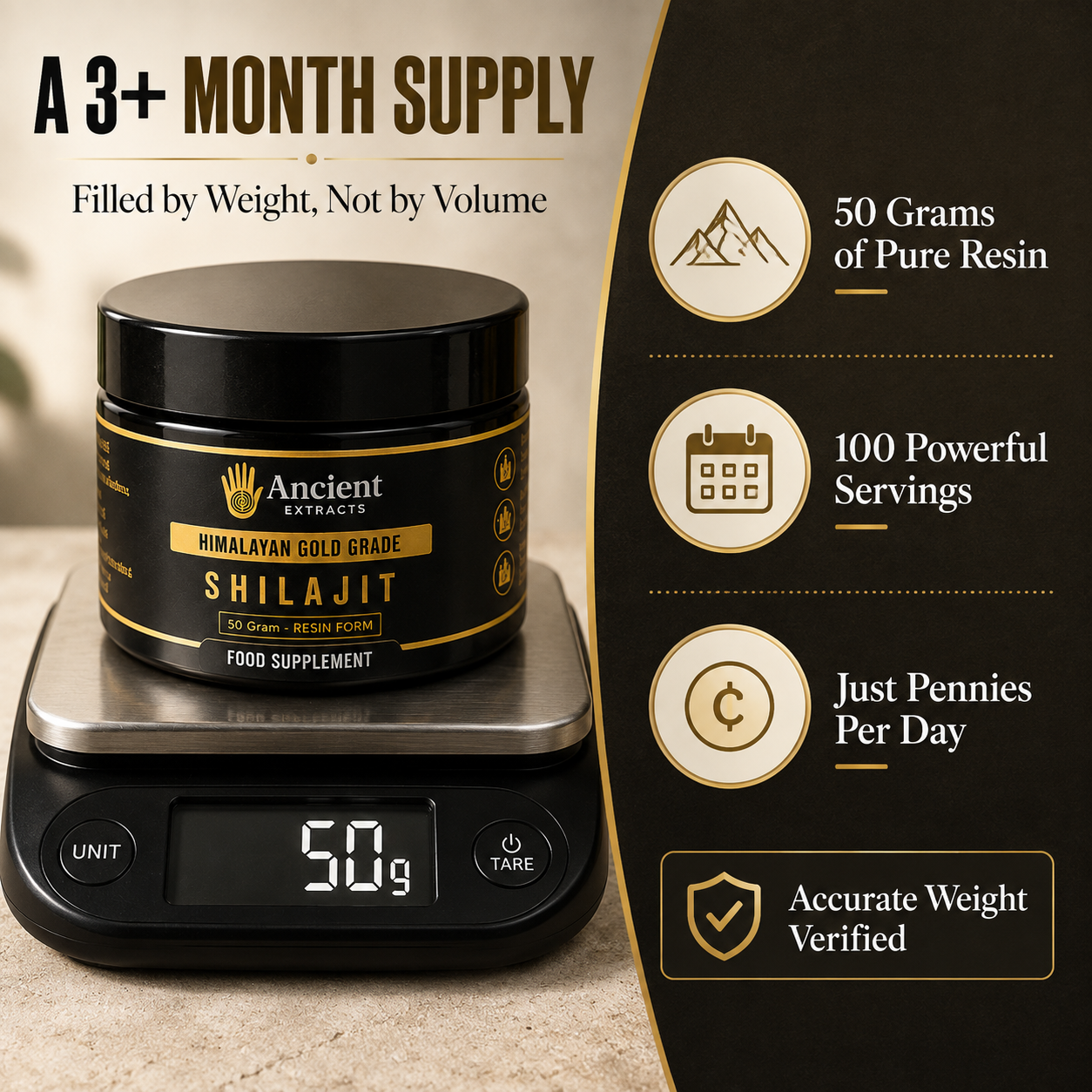 A black jar of Ancient Extracts Shilajit on a digital scale, with promotional text on the left and feature callouts on the right, set against a dark brown background.
