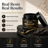 An open black jar of Ancient Extracts Shilajit placed on a dark stone slab with a spoonful of dark resin beside it. The image includes marketing text on the left and bottom, showing benefits like supports natural energy, enhances mental clarity, aids recovery, and supports digestion.