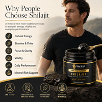 A man in a black T-shirt stands outdoors beside an open jar of Ancient Extracts Shilajit mineral resin paste, with a spoon holding dark paste. The image includes marketing text on the left about benefits of Shilajit and feature icons at the bottom on a dark banner.