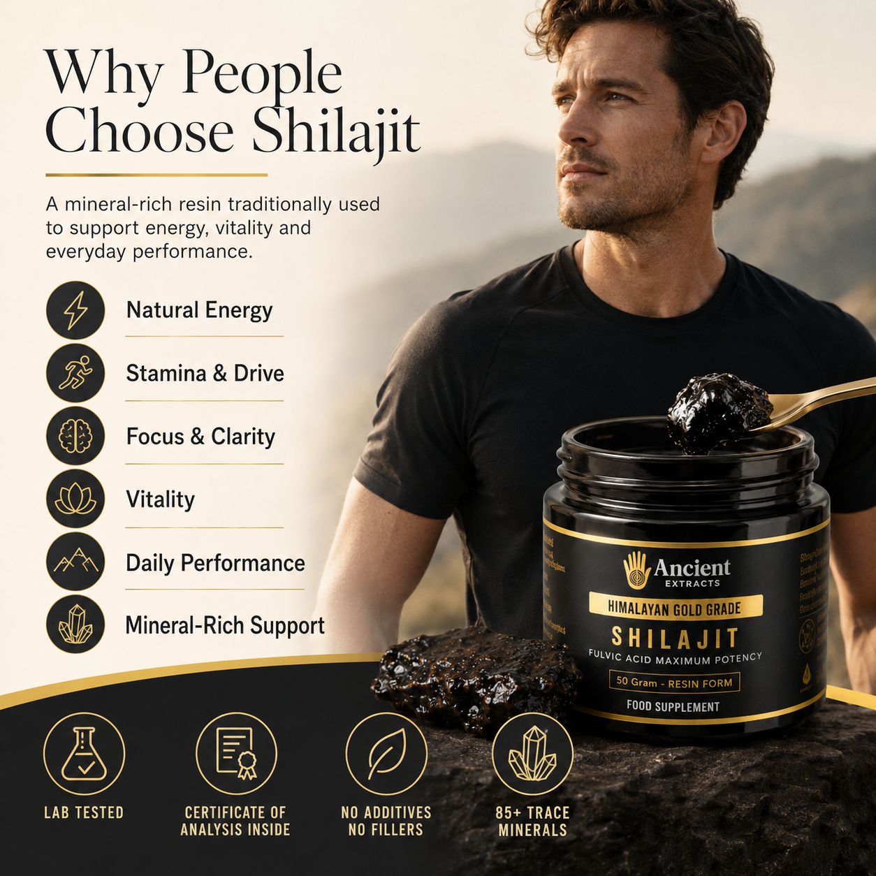 A man in a black T-shirt stands outdoors beside an open jar of Ancient Extracts Shilajit mineral resin paste, with a spoon holding dark paste. The image includes marketing text on the left about benefits of Shilajit and feature icons at the bottom on a dark banner.