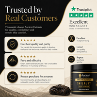 Ancient Extracts Shilajit 100% pure Himalayan gold grade food supplement jar shown on a black and beige promotional graphic with customer testimonials, a Trustpilot rating badge, and a small pile of the dark mineral mix.