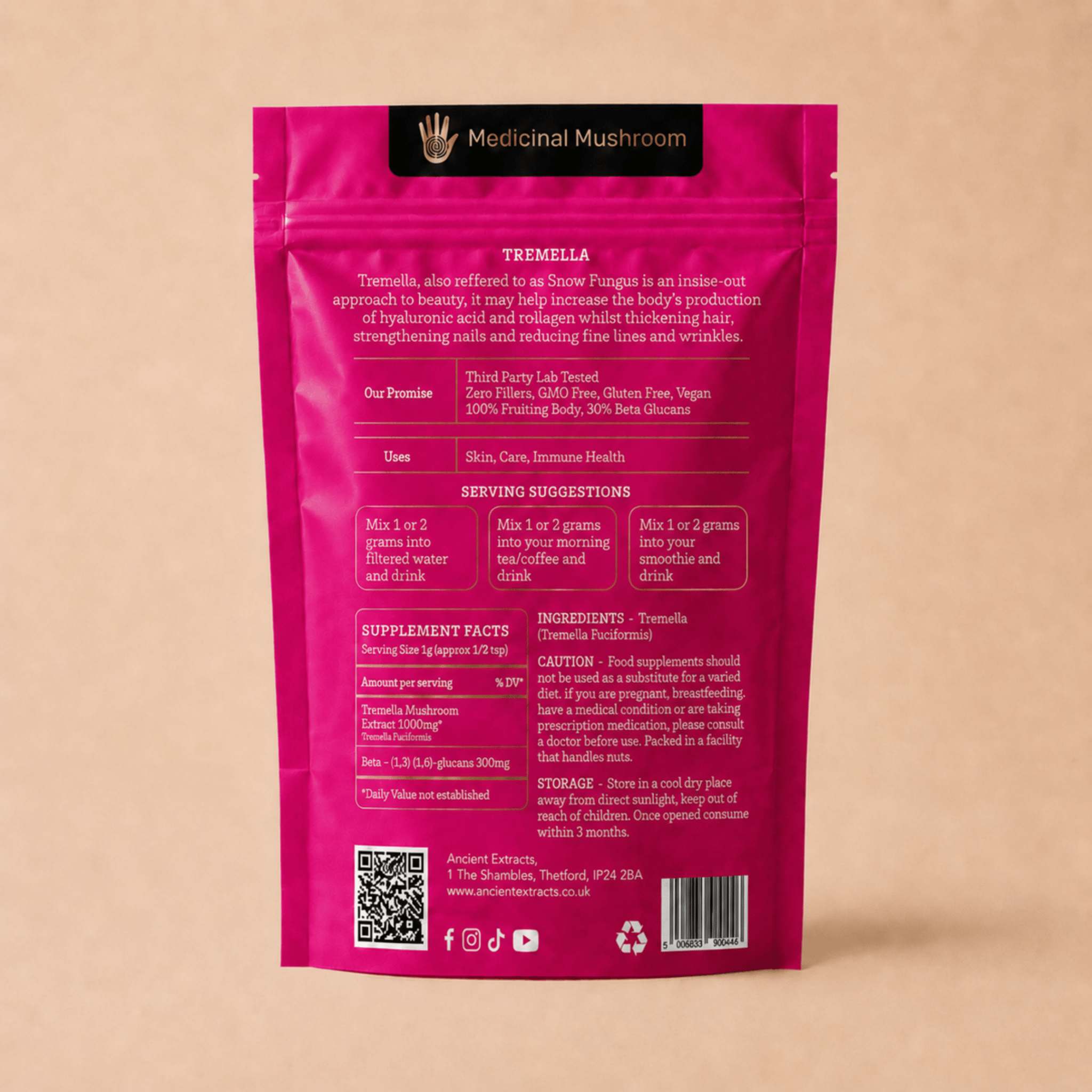 Tremella powder pouch back label with product information